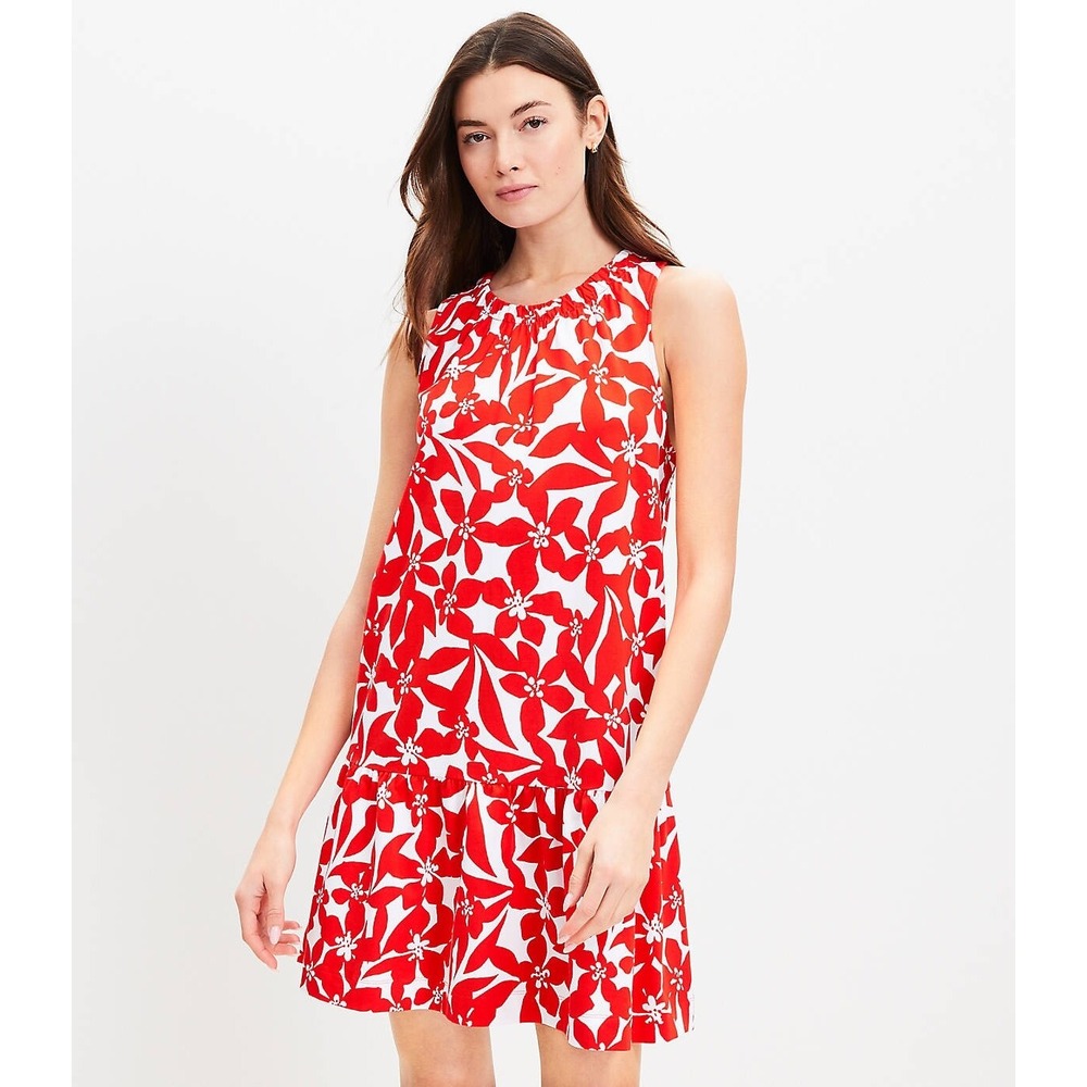 LOFT Knit Swing Dress Womens XS Floral Ruched-Neck Flounce-Hem Sleeveless New